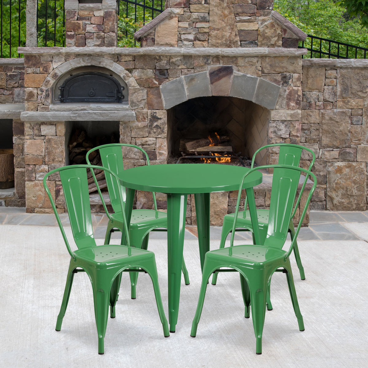 Emma + Oliver 30 in Round White Metal Indoor-Outdoor Table Set With 4 Cafe Chairs