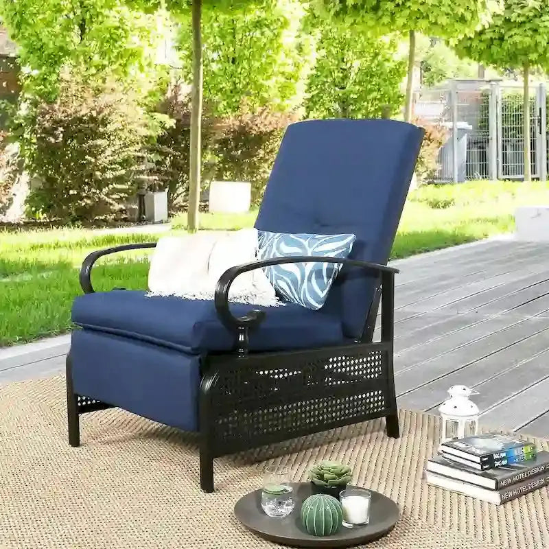 Adjustable Outdoor Reclining Lounge Chair With Cushions, 38 in D x 26.5 in W x 38.5 in H