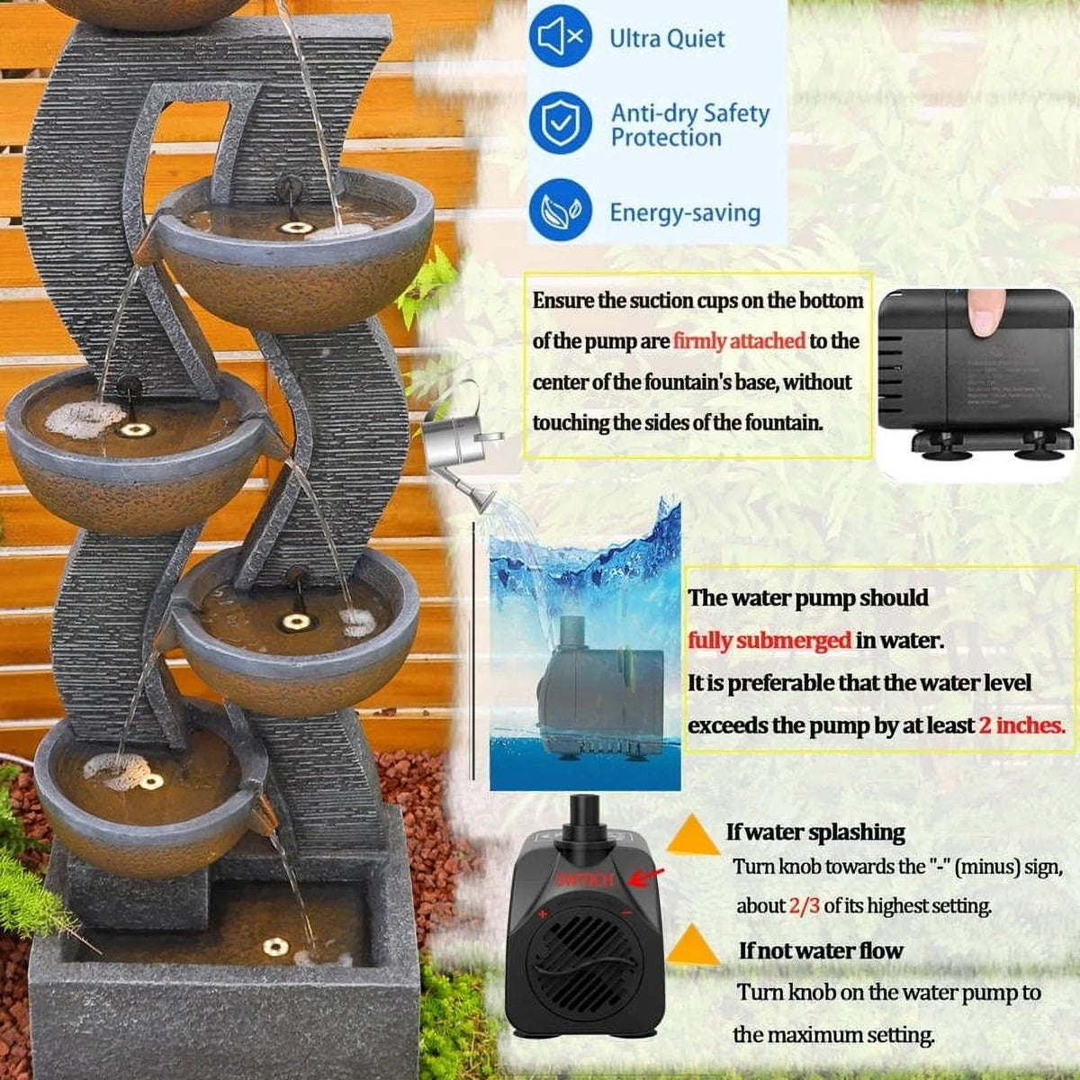 6-Tiered Outdoor Garden Water Fountain With Light, 16.77in L X 13.85in W X 52.8in H