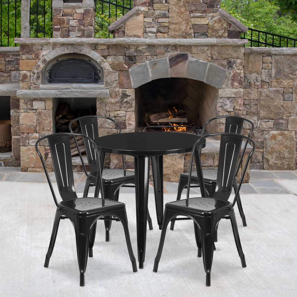 Emma + Oliver 30 in Round White Metal Indoor-Outdoor Table Set With 4 Cafe Chairs