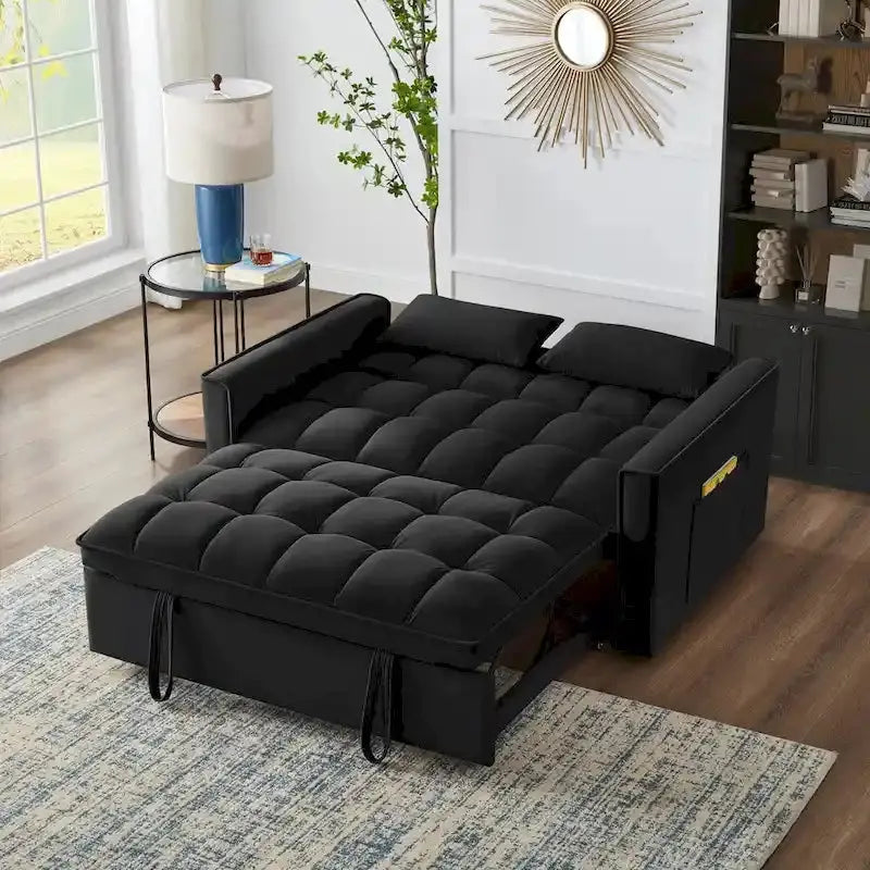 Velvet Pull-Out Sleeper Loveseat - Convertible Reclining Couch With Dual Side Storage Pockets