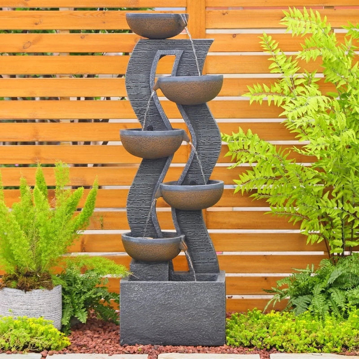 6-Tiered Outdoor Garden Water Fountain With Light, 16.77in L X 13.85in W X 52.8in H