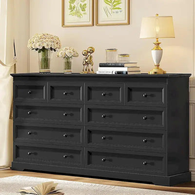 10-Drawer Wooden Dresser, White With Black Wood Top, 55 x 15.8 x 35 - Chest Of Drawers