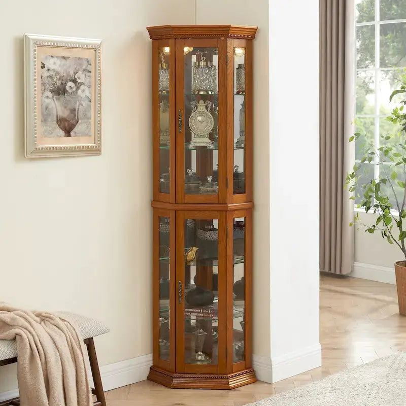 Corner Display Curio Cabinet With Tempered Glass Shelves, Mirrored Back And Built-In Lighting, 69.75H x 21.5W x 16D