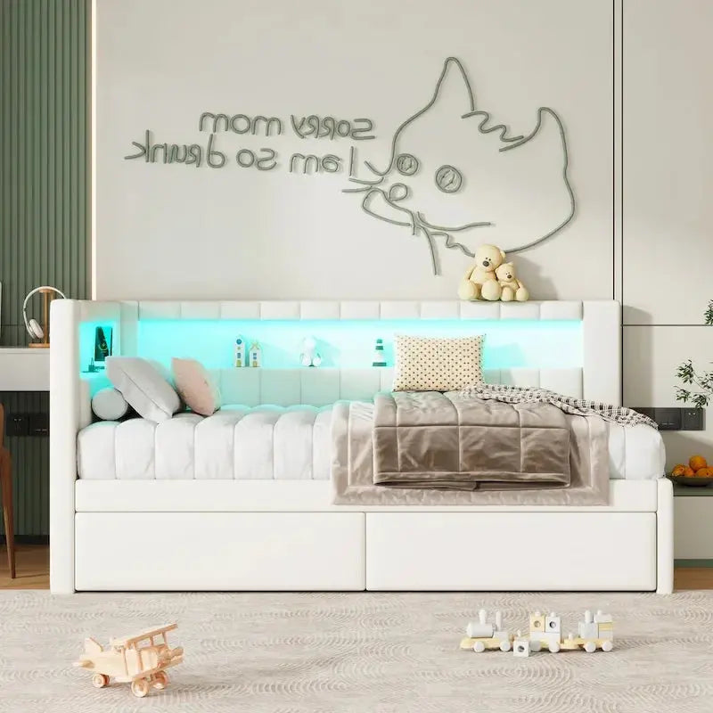 Upholstered Platform Bed Frame Full/Twin With Twin Trundle, USB Ports, LED Lighting, Dual Storage Drawers