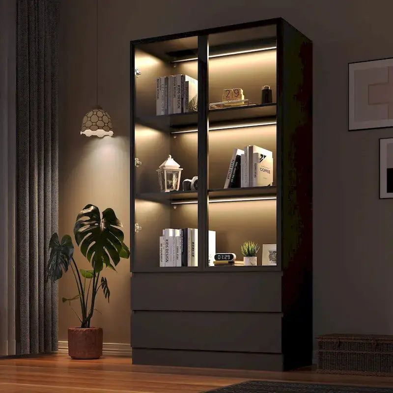 Glass-Front Display Cabinet With Tempered Glass Doors And 4-Tier Adjustable Shelving