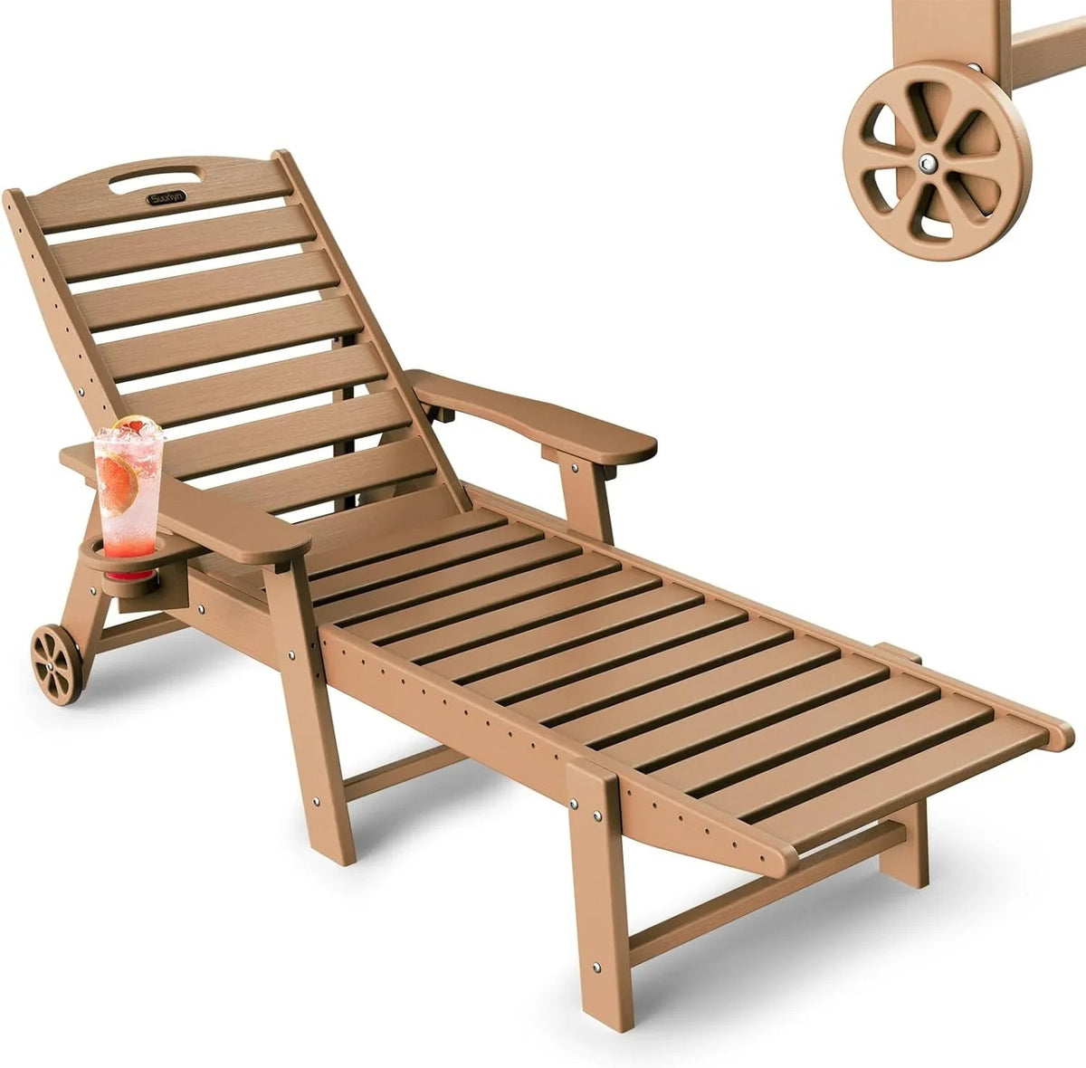 SUUNYN HDPE 6-Position Outdoor Chaise Lounge Chair With Wheels And Cup Holder - Teak