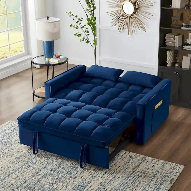 Tufted Loveseat Sofa Bed - Pull-Out Sleeper With Adjustable Backrest And Storage Pockets