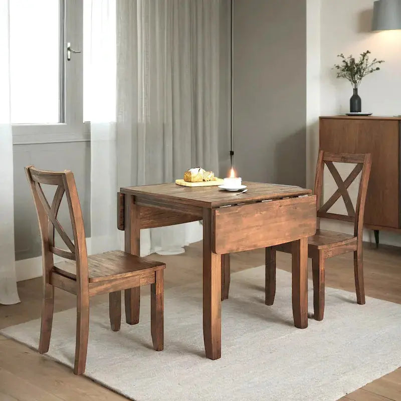 3-Piece Drop-Leaf Wood Dining Table Set With 2 X-Back Chairs - Brown