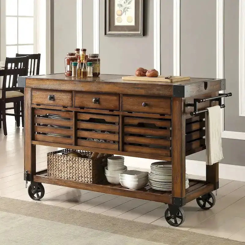 Kitchen Cart Rolling Island With 3 Storage Drawers - Distressed Chestnut
