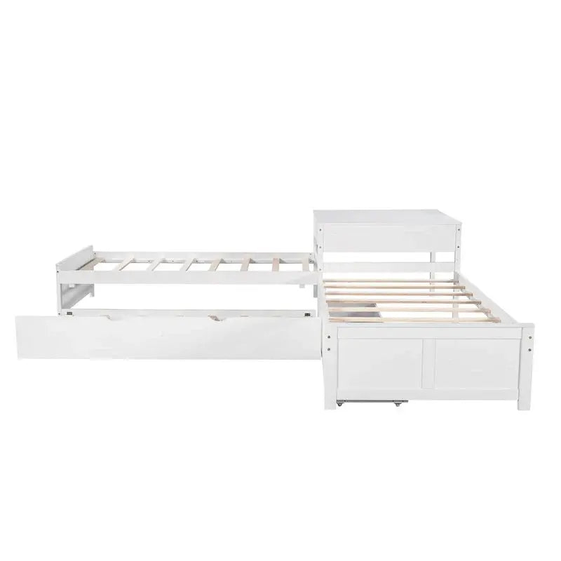 Modern White L-Shaped Twin Platform Bed With Built-In Trundle And Storage Drawers