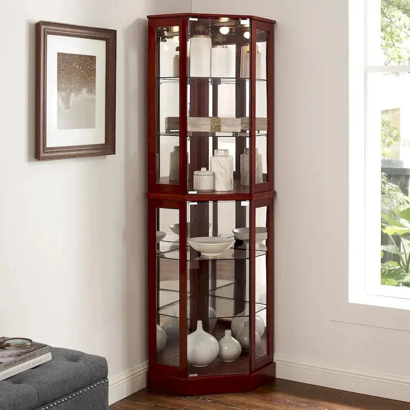 Cherry Corner Curio Cabinet With 6-Tier Display Shelf And Interior Lighting