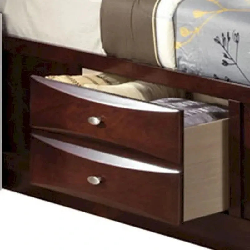 Panel-Style Queen Bookcase Bed With Built-In Drawers - Warm Brown Finish