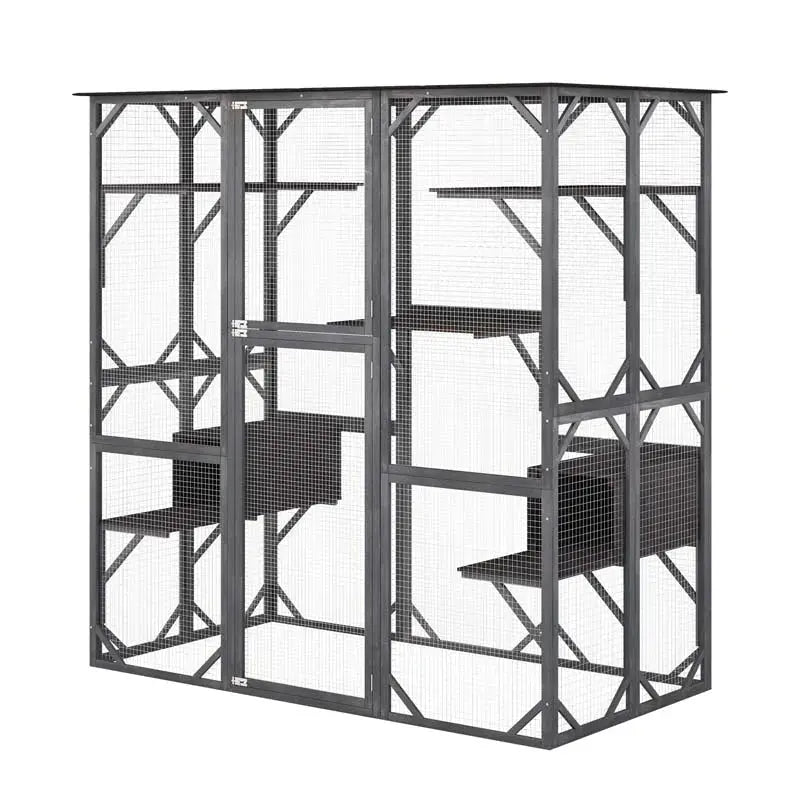 71-Inch Outdoor Wooden Catio Enclosure With 7 Platforms And 2 Condos - Grey