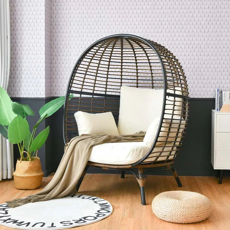 Oversized Wicker Egg Lounge Chair With Four Cushions - Steel-Framed Indoor/Outdoor Basket Seating
