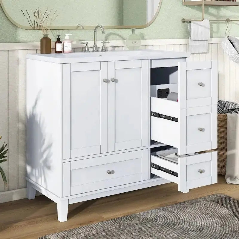 Modern Bathroom Vanity, 36 Inch, USB Charging Port, Resin Basin, Solid Wood, 3-Drawer Storage