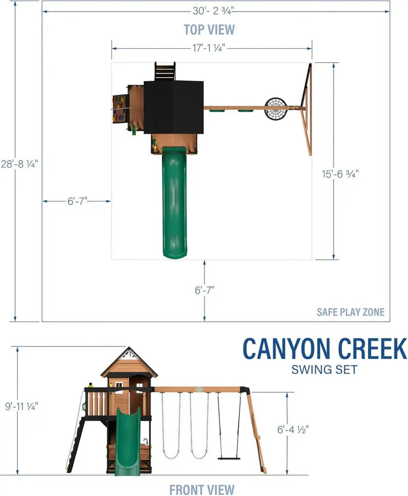 Canyon Creek Cedar Outdoor Playset With Clubhouse, 8-Foot Slide, 2 Belt Swings, Web Disc Swing - 183 x 188 x 119 inches