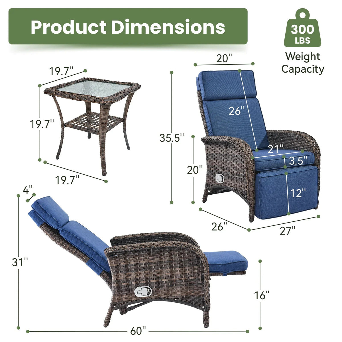 OPOHORO Outdoor Recliner Chair With Cushion, Beige, 1-Pc