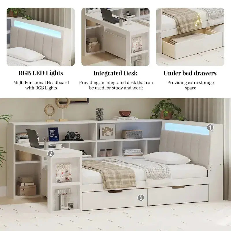 Ivery Furniture L-Shaped Upholstered Daybed With Desk, Bookcase, LED Headboard And Storage