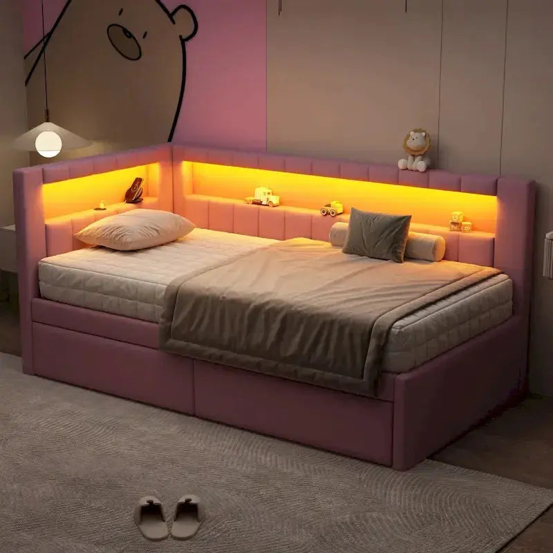 Upholstered Platform Bed Frame Full/Twin With Twin Trundle, USB Ports, LED Lighting, Dual Storage Drawers