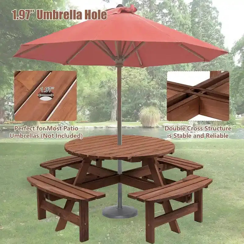 8-Person Fir Wood Round Picnic Table Set With 4 Built-In Benches And Umbrella Hole