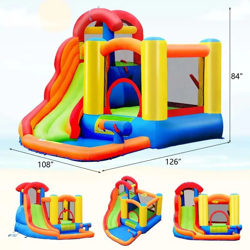6-In-1 Inflatable Water Play Center With Slide, Trampoline Deck And 740W Air Blower