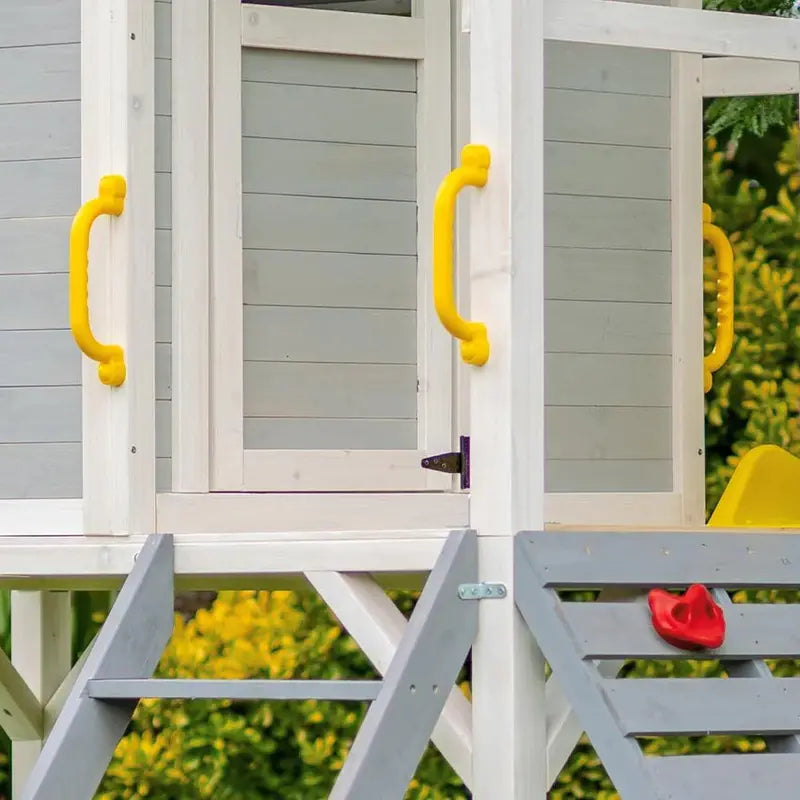 ROVO Wooden Tower Cubby House With Slide, Sandpit, Climbing Wall And Tic-Tac-Toe Panel, Grey, 236 x 176 x 248cm - PLYCBHRV4GYA