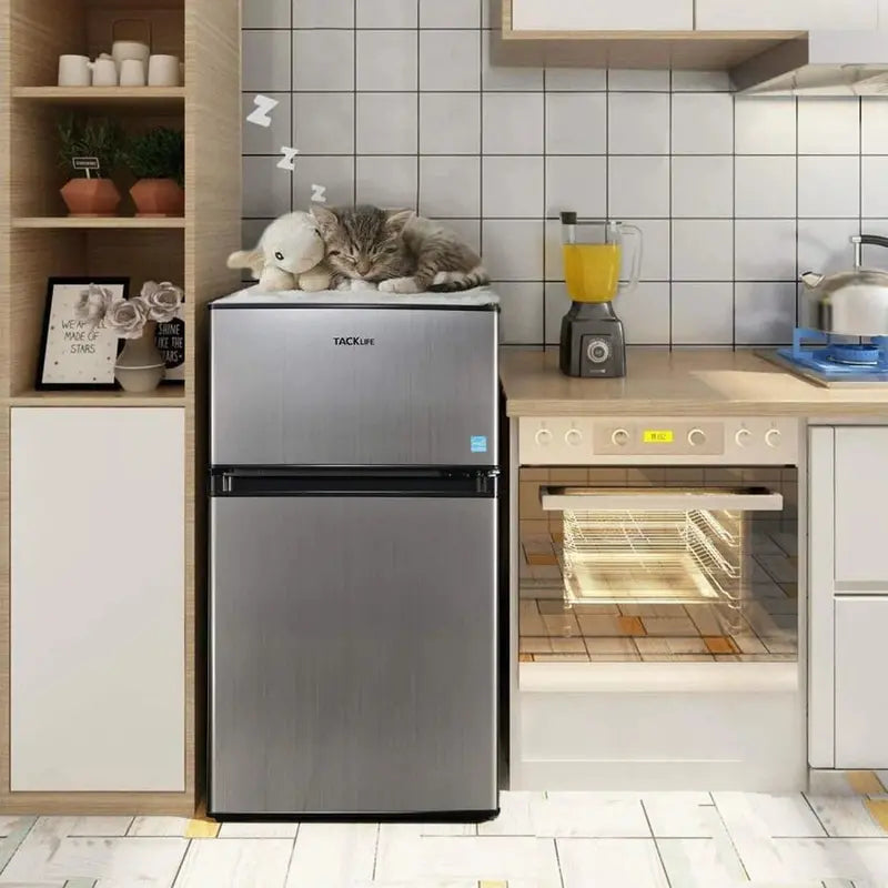 Compact 3.1 Cu.Ft 2-Door Mini Fridge With Freezer Compartment, LED Light, Stainless Steel Sliver - HPVFR310