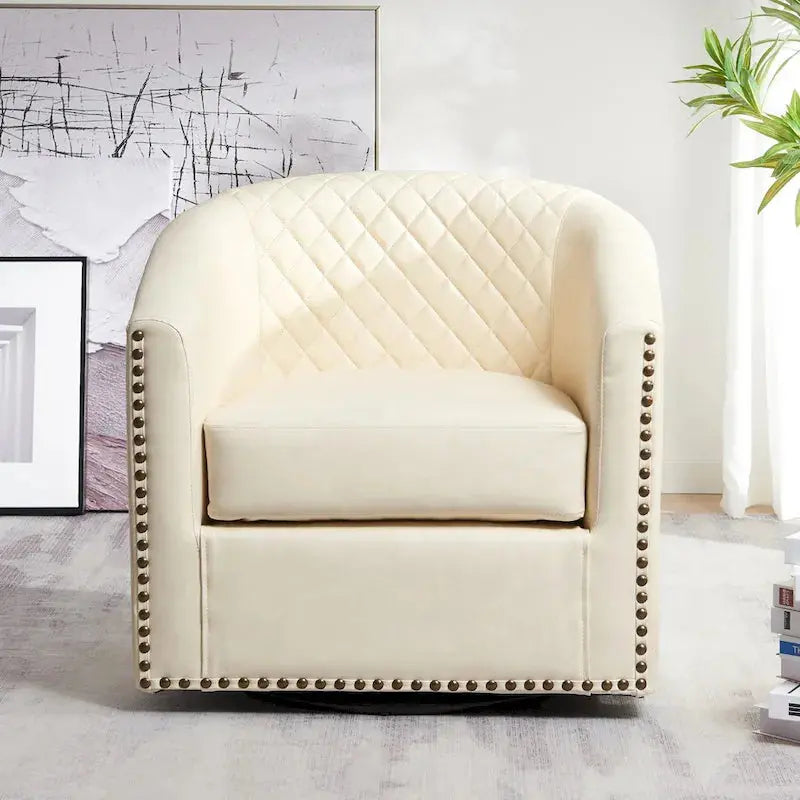 KINWELL Swivel Barrel Chair, 29 in Wide Tufted PU Leather - 360 Degree Rotation