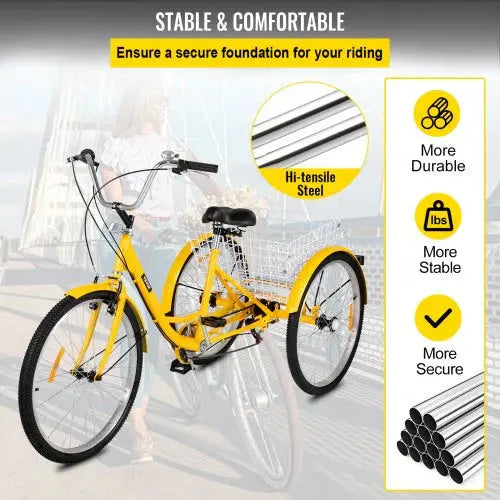 Adult 26-Inch 7-Speed Cruiser Tricycle With Front Basket And Comfort Saddle - Yellow