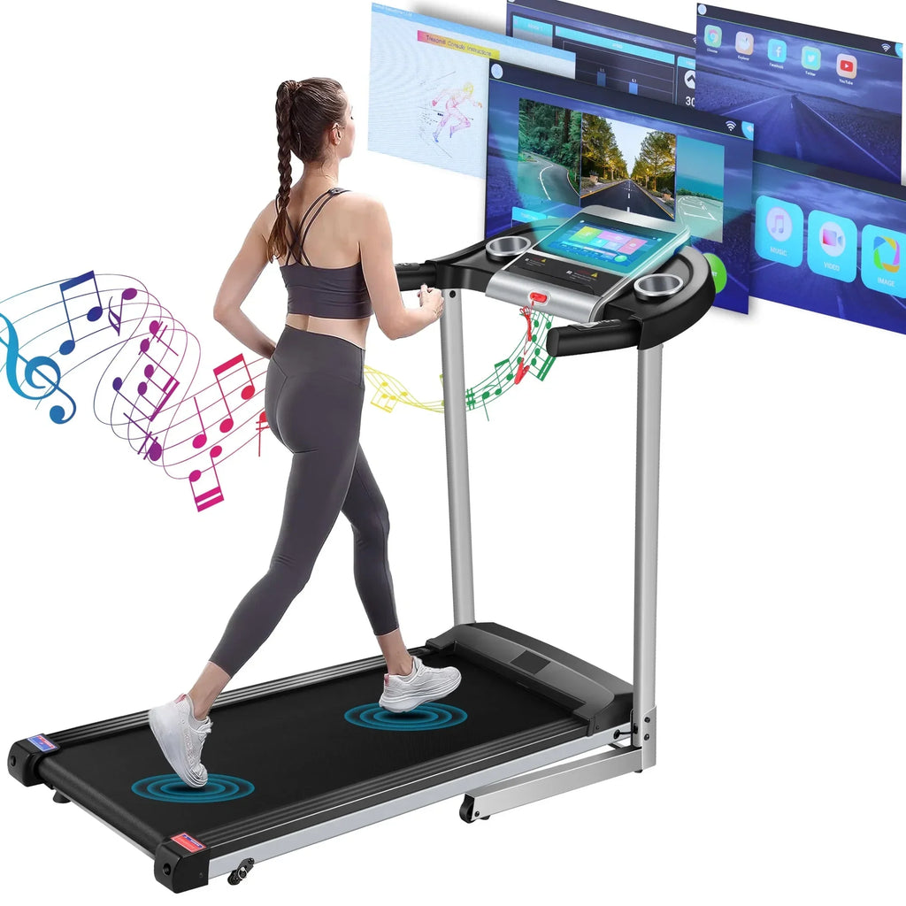 Tikmboex Folding Treadmill, 3.25HP, 10in HD TV Movie Touchscreen, Silver