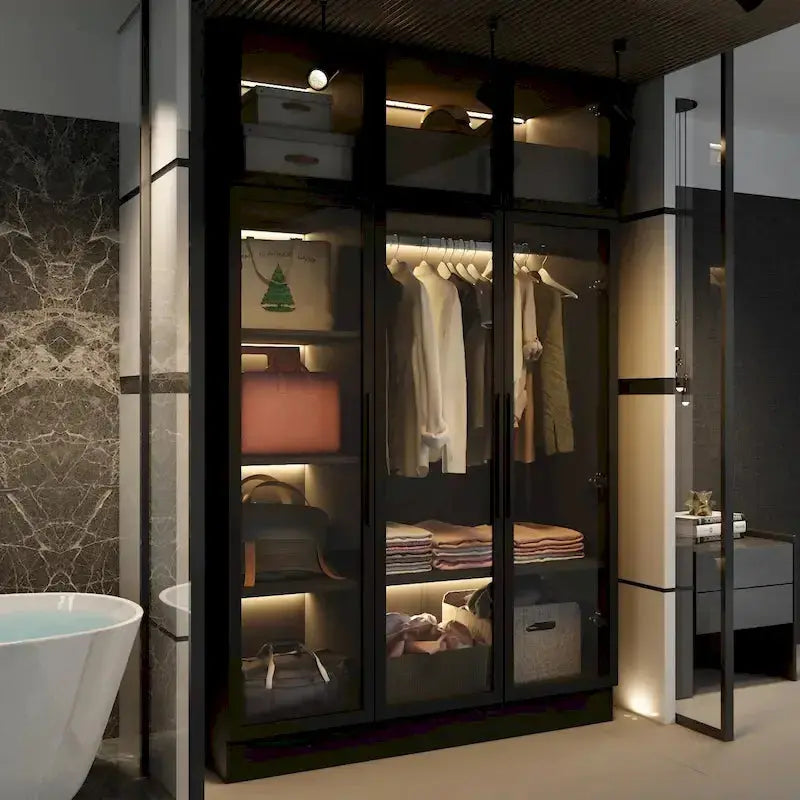 LED-Lit Glass Armoire 47.2in Wide Wardrobe With Full-Glass Doors