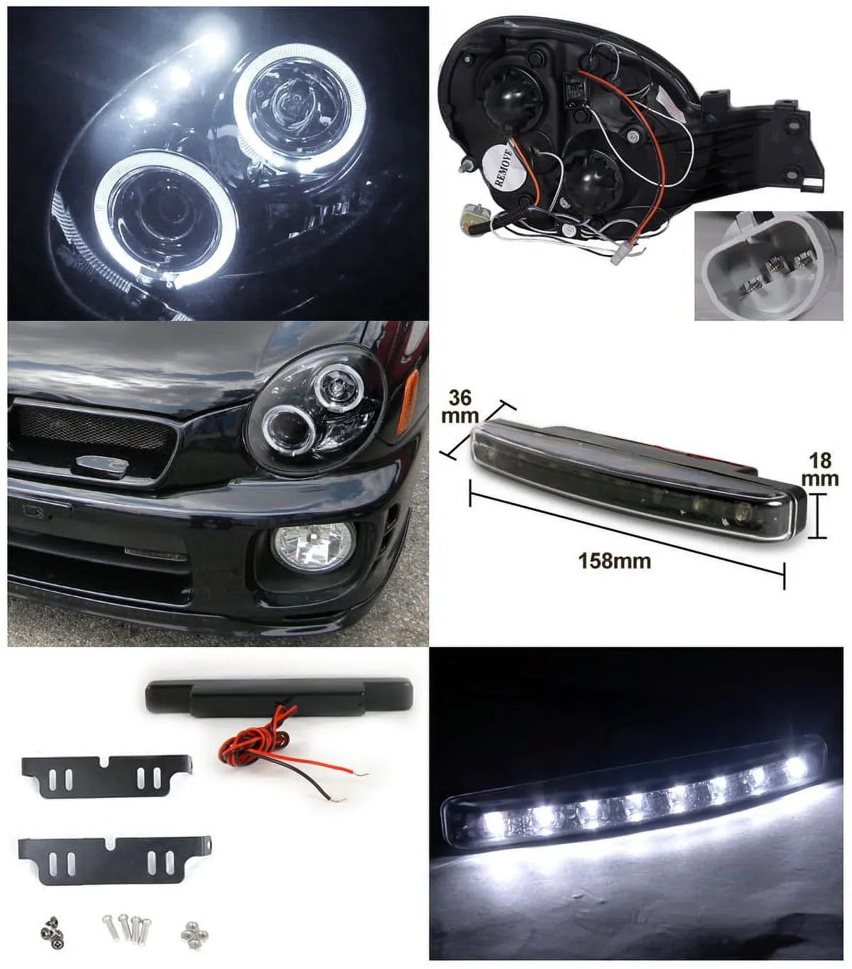 Spec-D Tuning Glossy Black Halo Projector Headlights With Bumper LED Fog Lamps - 2002-2003 Subaru Impreza Left + Right Pair