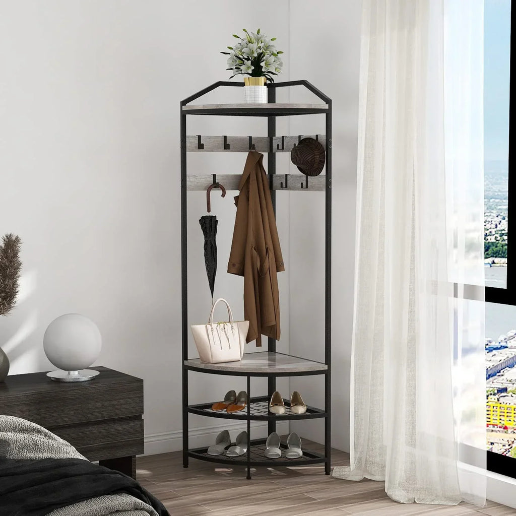 SQRTYVG Corner Hall Tree With Shoe Bench, 10 Movable Metal Hooks, Black - 71.3x18.1x18.1in