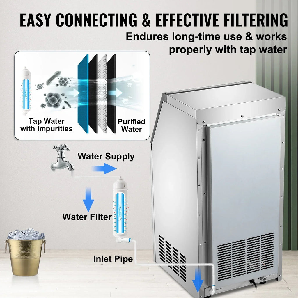SKYSHALO 110V Commercial Ice Maker, 120lbs/24h, 29lbs Storage, 5x9 Cubes, Stainless Steel