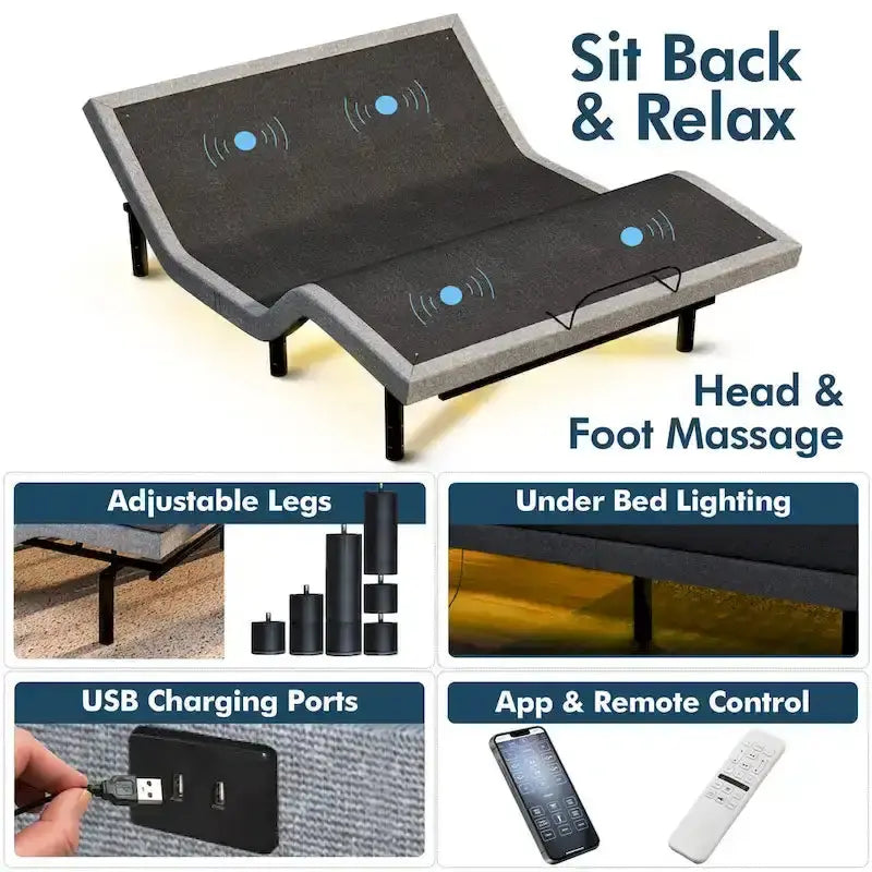 Renanim Adjustable Bed Frame With Medium Cooling Gel Memory Foam Mattress - Dual Massage, App And Remote Control