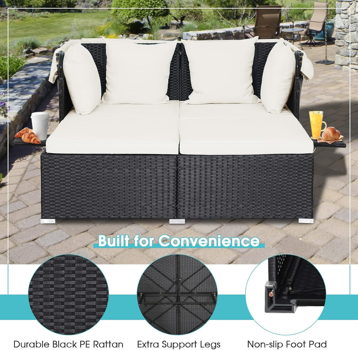 RELAX4LIFE Patio Daybed With Canopy, Cushions, 4 Pillows And 2 Side Trays, Turquoise - B0BYSN7GC7
