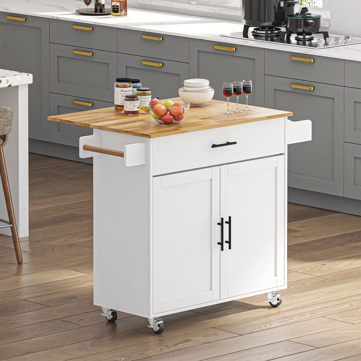 SogesHome Kitchen Island With Hidden Cabinets, Sliding Drawers And Adjustable Shelves