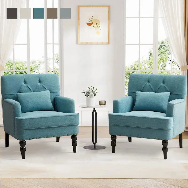 Set Of 2 Button-Tufted Upholstered Accent Armchairs With Lumbar Support Pillows