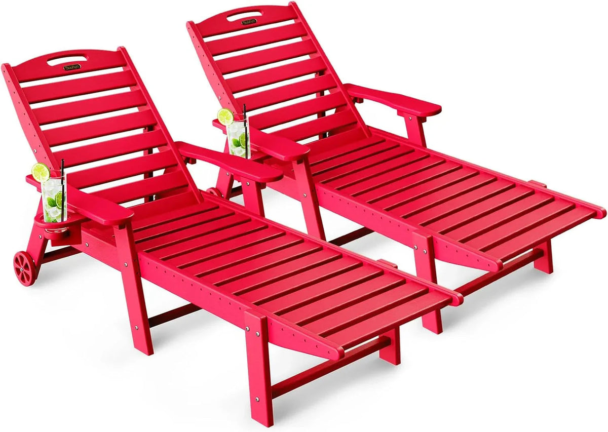 SUUNYN HDPE 6-Position Outdoor Chaise Lounge Chair With Wheels And Cup Holder - Teak