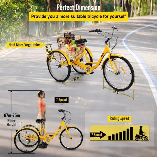 26-Inch 7-Speed Adult Tricycle With Front Basket And Shopping Rack