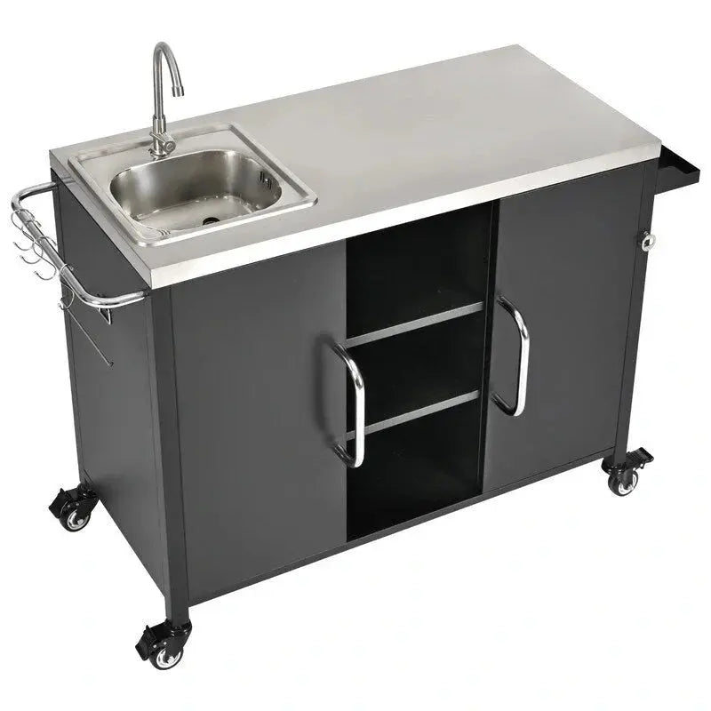 Outdoor Kitchen Island Mobile Bar Cart Station With Built-In Sink And Locking Casters
