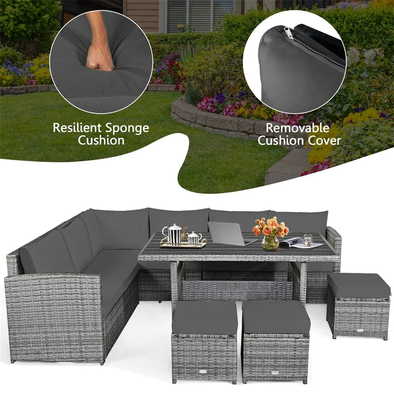7-Piece Resin Wicker Outdoor Sectional Sofa Set With Dining Table, Ottomans And Cushions