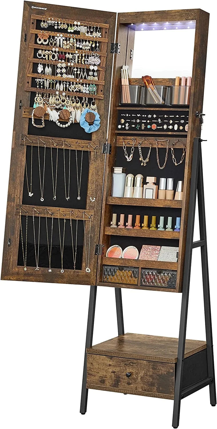 SONGMICS LED Lockable Jewelry Armoire With Full-Length Mirror, Rustic Brown - 14.6in D x 16.3in W x 61.8in H