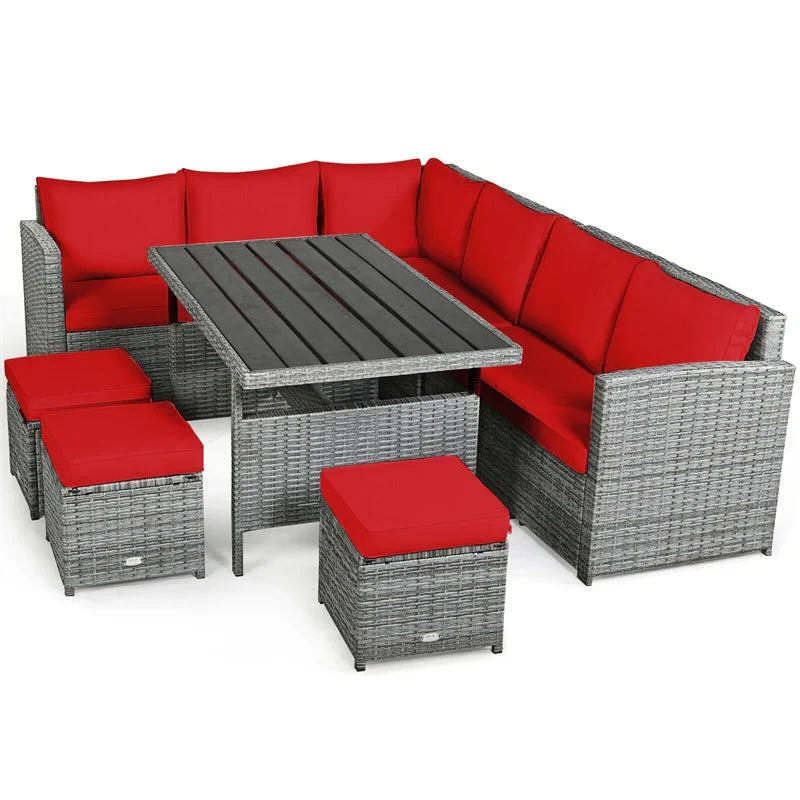 7-Piece Resin Wicker Outdoor Sectional Sofa Set With Dining Table, Ottomans And Cushions