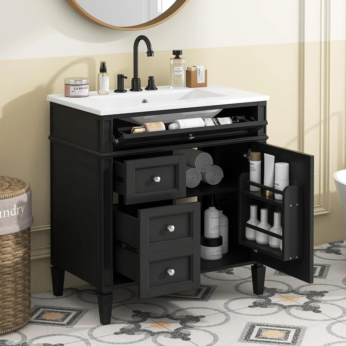 36 Inch Black Freestanding Bathroom Vanity With Single Undermount Sink, 2 Drawers And Tip-Out Drawer