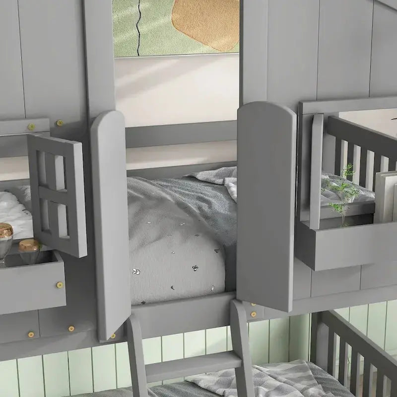 Twin-Over-Twin Playhouse-Style Bunk Bed - Grey With Roof, Window & Safety Rails