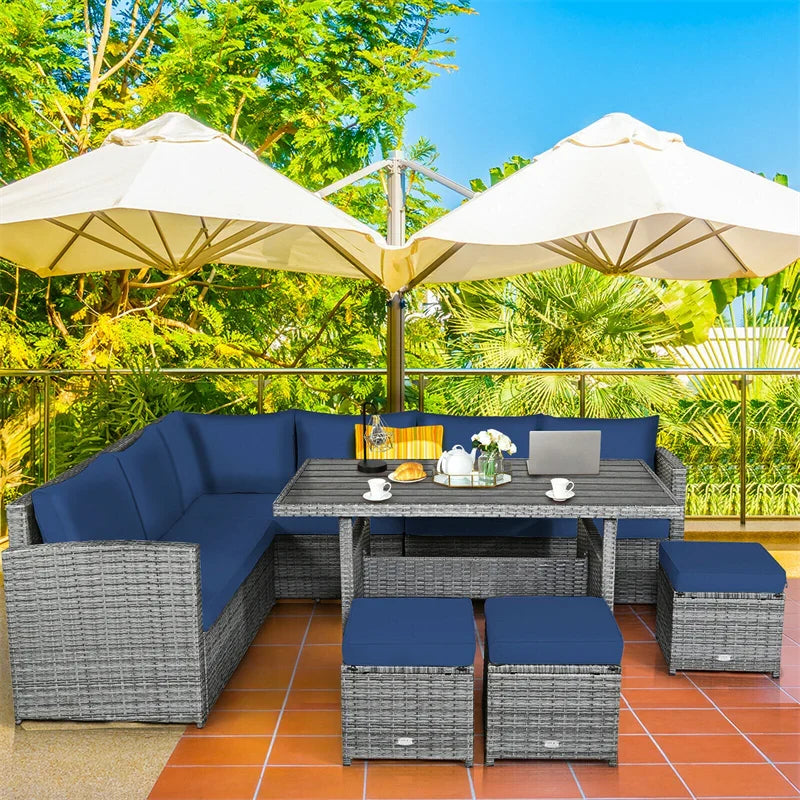 7-Piece Resin Wicker Outdoor Sectional Sofa Set With Dining Table, Ottomans And Cushions