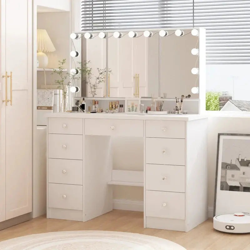 9-Drawer Makeup Vanity Station With LED Mirror - White Or Black