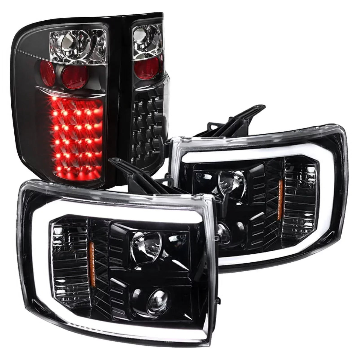 Spec-D Tuning LED Light Bar Projector Headlights And Altezza Style LED Tail Lights, Jet Black Housing, Clear Lens - Chevrolet Silverado